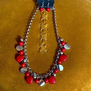 NWT Necklace and earrings set with red and silver stones
